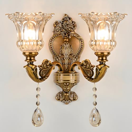 WayLuoung Lampe Murale Vintage Florale À 2 Tête En Verre De Cristal - Applique Murale Rétro Couleur Bronze Doré - Décoration En Métal Lampe De Chevet...