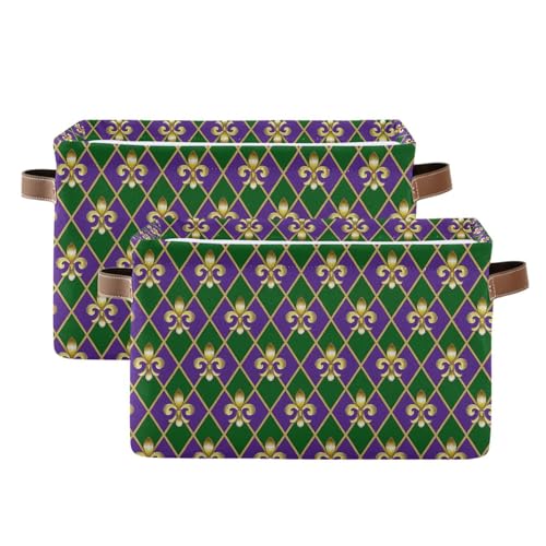 Image of Happy Mardi Gras Green Purple Storage Basket with Waterproof Liner and PU Handles Fleur de Lis Buffalo Plaid Storage Bins Boxes 14.2 inch Collapsible Decorative Organizer Baskets for Bedroom Office 2 Pack