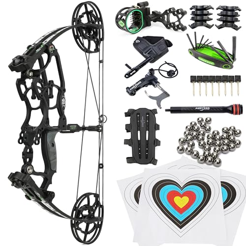 Archery Steel Ball Dual-Use Compound Bow Set 30-70 LBS Adjustable IBO 340FPS, Left/Right Hands,Suitable for Hunting Competition (Black Set)