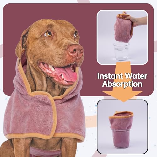 OUOBOB Hundetrocknungsmantel, Hundemantel zum Trocknen von Hunden, rosa Hundetücher für kleine Hunde, Mikrofaser Hunderobe Super mit Kapuze, verstellbare Bauchgurte für Dackel, Yorkie, Chihuahua XS
