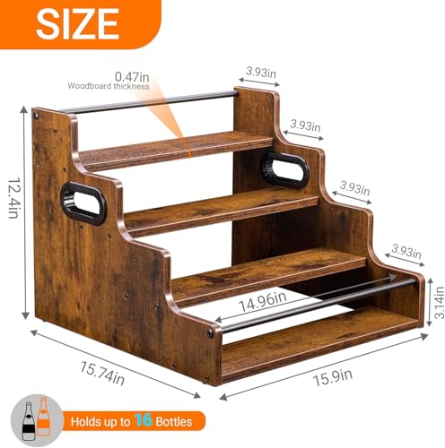 4-Tier Liquor Bottle Display Shelf, Coffee Syrup Rack Organizer, Water Bottle Organizer, Mini Bar Cabinet, Rustic Bar Shelves for Liquor Whiskey, Spirits (4 Tier)