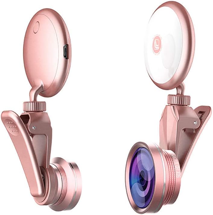 Selfie Light Ring with Mobile Camera Lens,360° LED Flash Light + 4K HD Wide Angle Lens + 185° Fisheye Lens + 50X Macro Lens, for Phone, iPad, Samsung Galaxy, Photography Phones Tablet, Laptop (Pink)