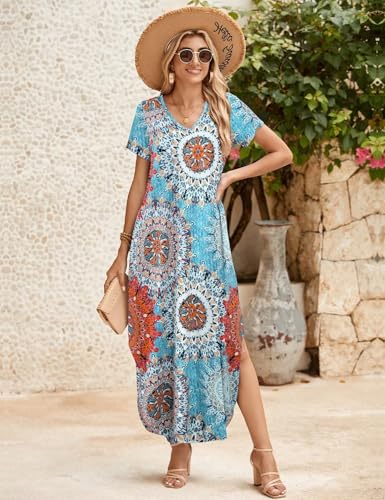 Image of JollieLovin Womens Plus Size Casual Summer Maxi Long Dress Short Sleeve T-Shirt Loose Sun Dress(L-5X)