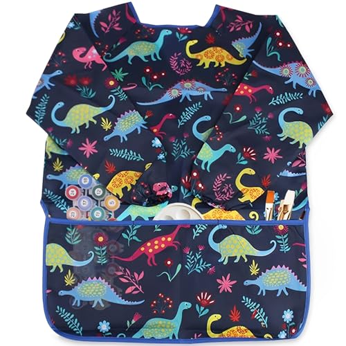 Voarge Grembiule da pittura per bambini, dinosauro, bavaglino impermeabile con maniche grembiule, nylon, M, Multicolore,...