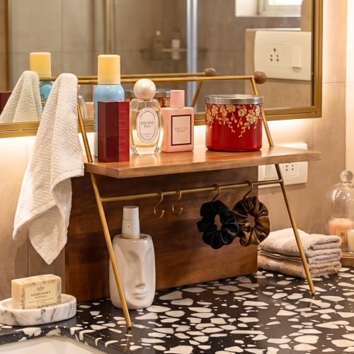 Image of Brick Brown Handcrafted Premium Kosh Kitchen Organizer | Wooden Spice Rack | Kitchen Countertop | Multipurpose Office Storage Rack with 4 Hooks, Display Shelf & Storage Compartment | 16.5x7x15 Inch
