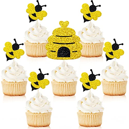 Whaline 64Pcs Glittery Bee Cupcake Topper With Sticks Glue Point Yellow Black Glitter Bee Honeycomb Cupcake Picks Summer Food Picks For Bee Theme Party Supplies Cake Decorations #TOP19