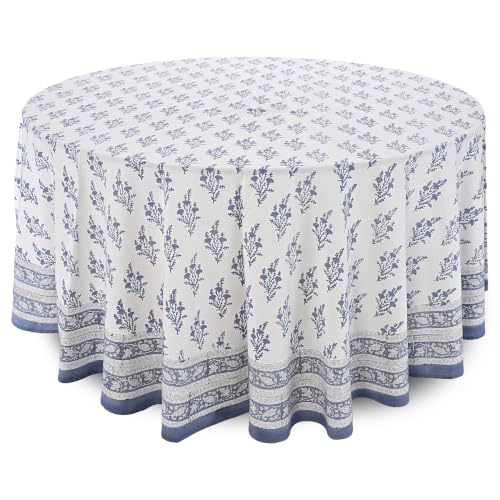 Ridhi Hand Block Print Round Tablecloth Coastal Blue 90 Inch 100% Cotton