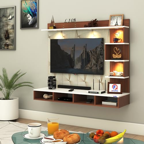 Image of Laura Engineered Wood Wall-Mount TV Unit with Printed PVC Back Panel & LED Lights | TV Cabinet with Storage Box & Decorative Shelves (Walnut /White) for TVs up to 43 Inch | DIY Installation