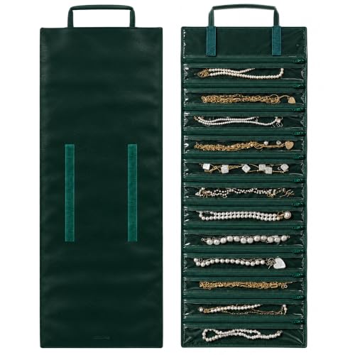 UnionPlus Jewelry Roll Organizer, 12 Grids, Forest Green Leatherette