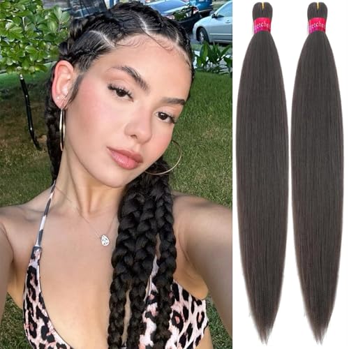 Brown Black Pre Stretched Braiding Hair 30 Inch 2 Packs Pre Feathered Hair Extensions Yaki Texture Braids Hair Easy to Use