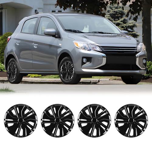 CPW 14 Inch 4Pcs Hubcaps for Mitsubishi Mirage 2014-2025 Hubcaps Compatible with Steel Wheels PP Material Snap-On Installation 1 Set of 4 (Lacquer Black)