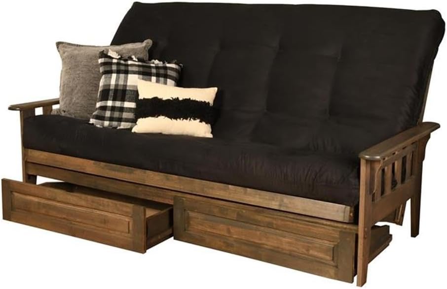Kodiak Tucson Queen Futon Frame with Storage Drawers - Wood Futon Set with Mattress Included in Suede Fabric Mattress (Black/Walnut)