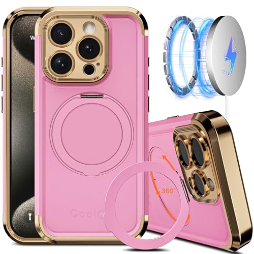 COOLQO for iPhone 15 Pro Max Case 6.7'' Upgraded 360 Spin Magnetic Stand [Compatible with Magsafe][Military Protection] Shockproof Protective Phone Holder Cover for iPhone 15 Pro Max, Pink Gold