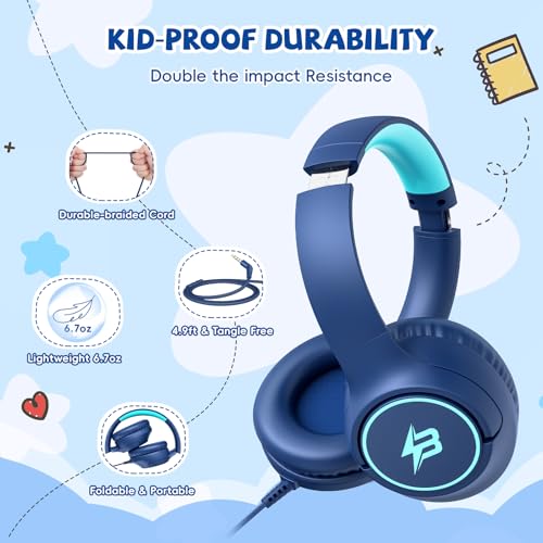 Kids Headphones Wired with Microphone, 85/94dB Volume Limit Over Ear Headphones for Kids Boys, Foldable 3.5mm Jack Corded Headphones for Toddler/Tablet/Kindle/Laptop, Airplane Travel School, Navy Blue by Botesty Sound - Image 4