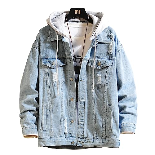 Image of Men's Denim Jacket Distressed Hooded Jean Jackets Baggy Ripped Trucker Coat | Loose Vintage Long Sleeve Denim Hoodie Cotton Button Down Jean Outerwear With Pockets Black Blue Hip Hop Streetwear Casual