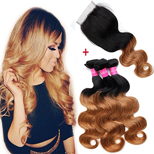 Ombre Brazilian Virgin Hair Body Wave 3 Bundles with Closure 2 Tone 1B/27 Ombre Body Wave Human Hair Weave Bundles with 4x4 Free Part Lace Closure Top Extension (10 12 14 with 10" Closure)