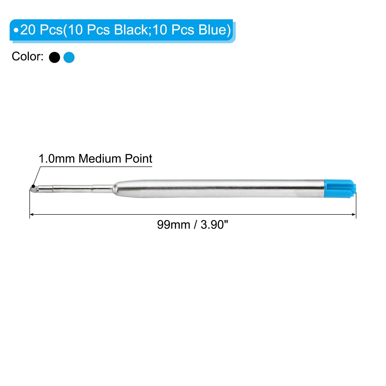PATIKIL 1mm Pen Ink Refills, 20 Pcs Ballpoint Refill Medium Point Metal Compatible Replaceable Replacement for Retractable Pen Writing Office, Black, Blue Ink - Image 2