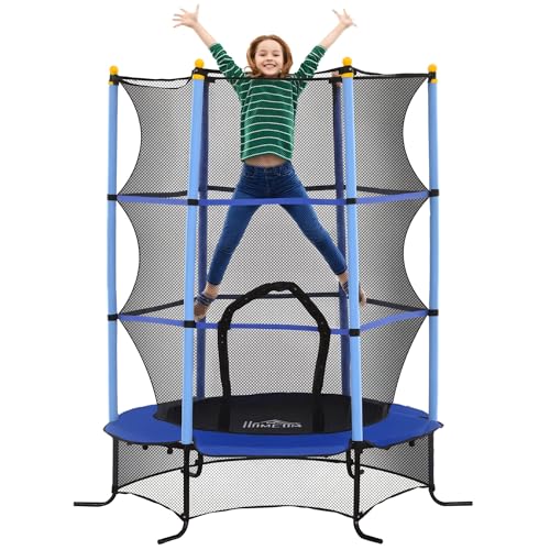 HOMCOM Trampoline Enfant Ø 1,63 × 1,9H m Filet de sécurité Porte zipée Couvre-Ressorts 6 poteaux rembourrés Inclus Bleu