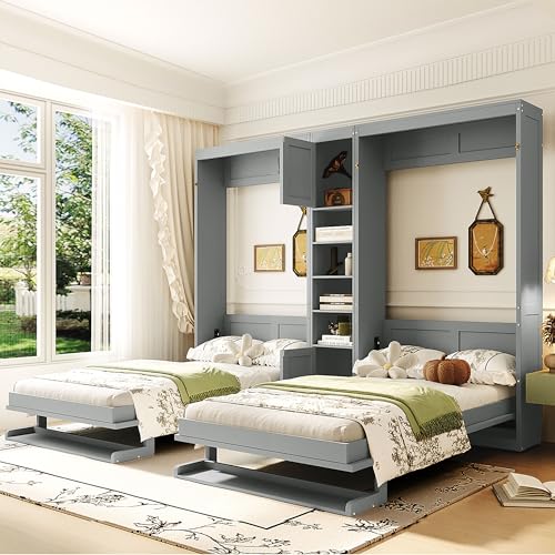 Aiuyesuo Dual Twin Size Wall Murphy Beds with Cabinets and Shelves, Pinewood Murphy Beds Frame with Convertible Shelf-Legs and Central Storage Unit for Guest Room, Bedroom, Home, Office (Gray-JU15)