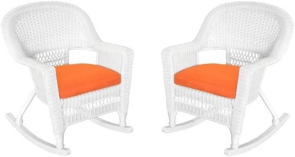 Pemberly Row Outdoor Rocking Chairs, Set of 2 Resin Wicker with Steel Frame, White Finish and Orange Cushions, 36" H x 28.25" W x 33.5" D, Weather Resistant Patio Furniture for Relaxing Use