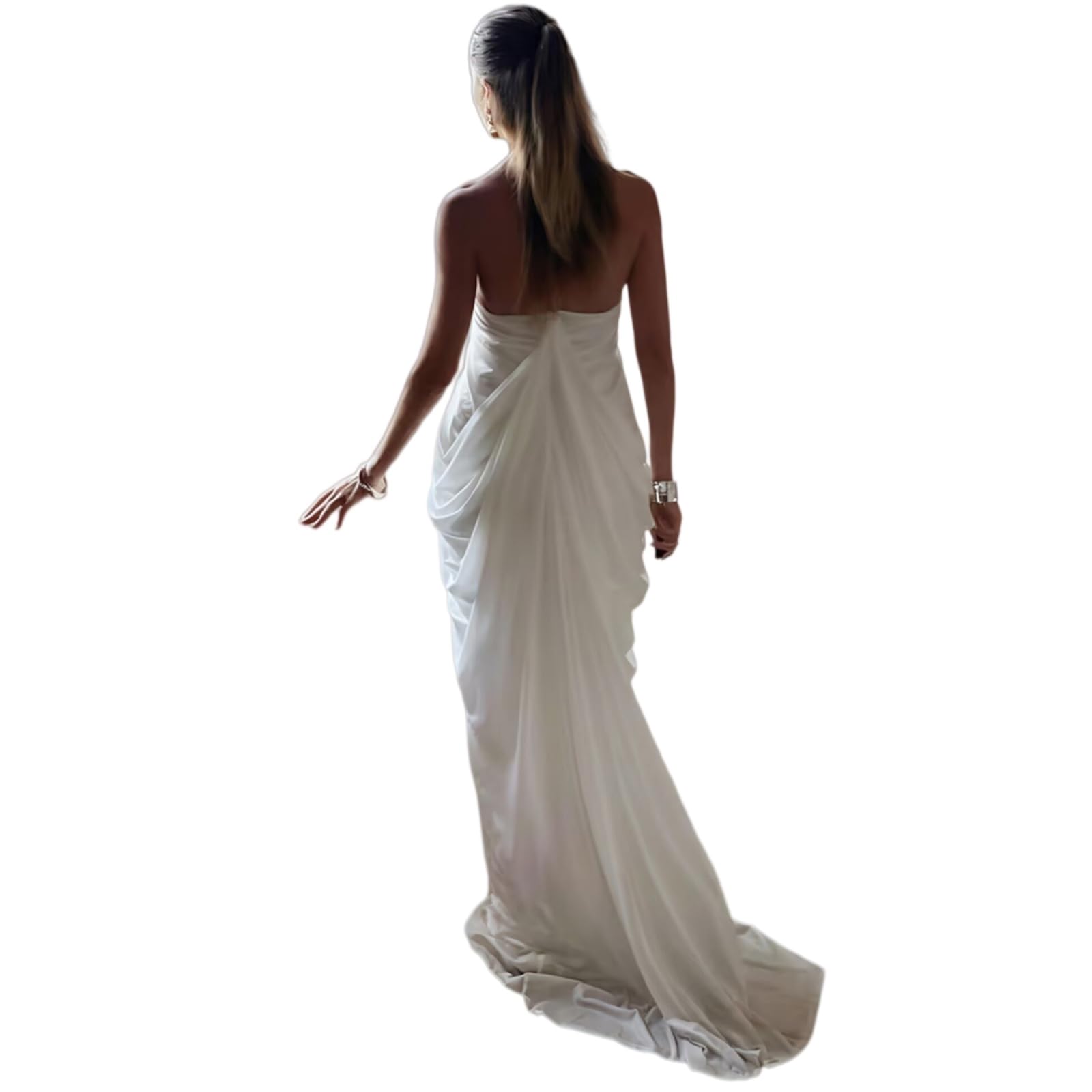 Vestito Moda Donna Senza Schienale Maglia Maxi Abito, Abito Maniche Halter Piegato per Cocktail Party E Abbigliamento Serale-White-m