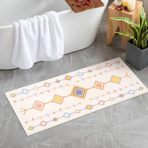 Seavish Badezimmerläufer, 45,7 x 119,4 cm, Beige, marokkanischer Stil, Badematten für Badezimmer, rutschfest, waschbar, Badezimmerteppich, geometrisch, weicher Samt, lang, für Doppelwaschbecken,