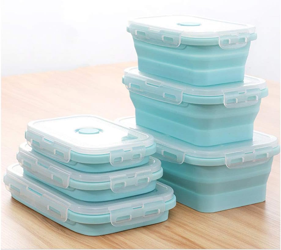 3 Set Camping Silicone Food Storage Container, Collapsible Vgetable Fruit Container Storage Cabinet Silicone Food Storage Lunch Box 3 Set Microwave Safe Container (Blue)