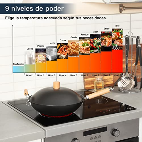 Gráfico mostrando los 9 niveles de potencia de cocción de la placa vitrocerámica IsEasy junto a una sartén y una variedad de alimentos