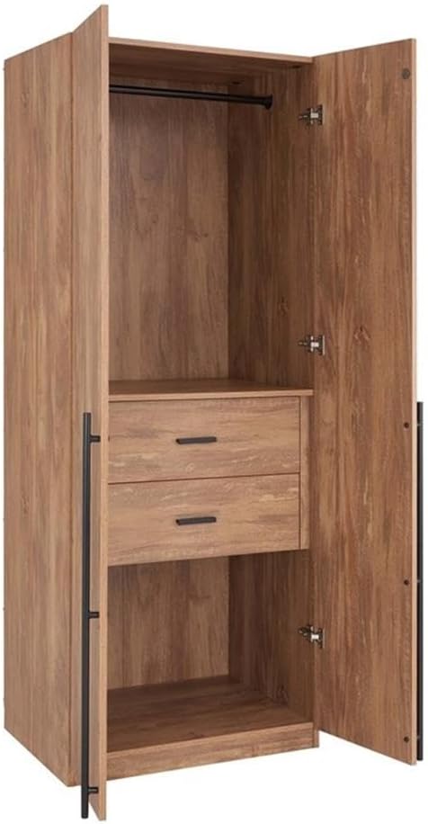 Pemberly Row Engineered Wood Wardrobe Closet, Golden Brown Finish, 31.5 x 83.98 x 23.03 in, MDF Construction, 2 Drawers, Metal Handles, Storage Compartments, Modern Bedroom Furniture with Hanging Rod
