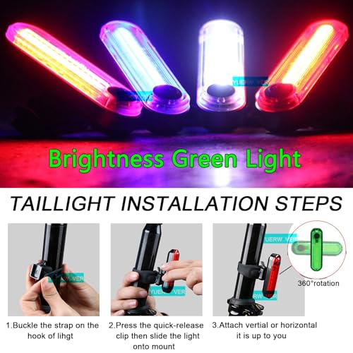2 Pack USB Rechargeable LED Bike Tail Light Bicycle Rear Cycling Night Essential Reflector Seat Back Safety Lamp 4 Modes Waterproof Bright Warning Flash MTB Light for Men Women Kids (Green)