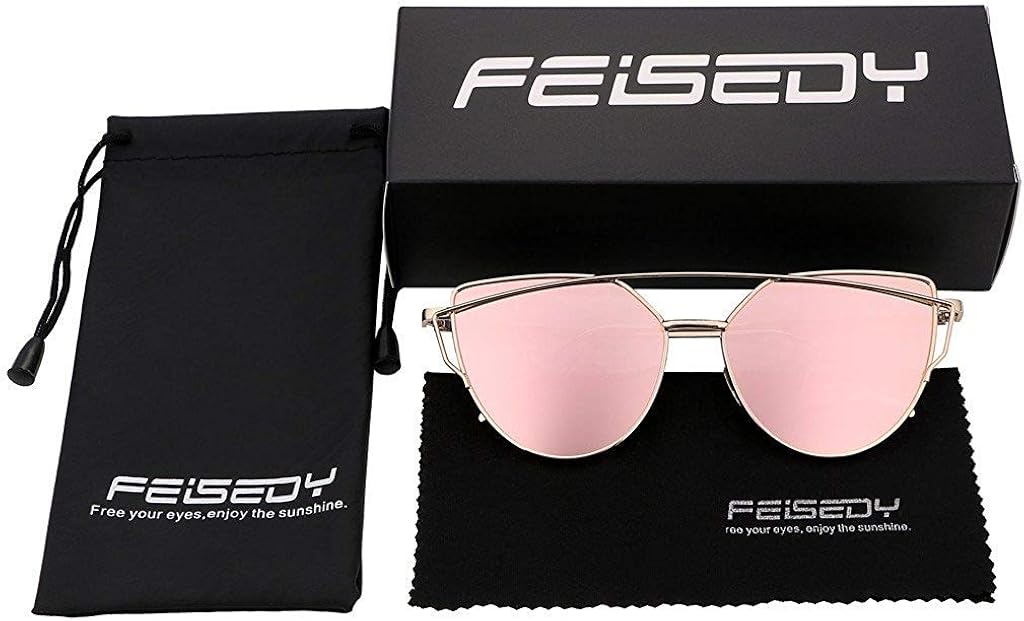 Miniatura 5 de FEISEDY UV400 B2206 Anteojos de sol con marco metálico, con lentes planas y espejadas, estilo ojos de gato, para mujer.