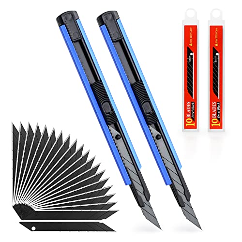 EHDIS 2 pezzi Taglierino Cutter Professionale 9mm con 20 Lame a Scatto, Taglierini Retrattili, con Corpo in Alluminio, Taglierino Multiuso Autobloccante, per Tagli di Precisione, Blu