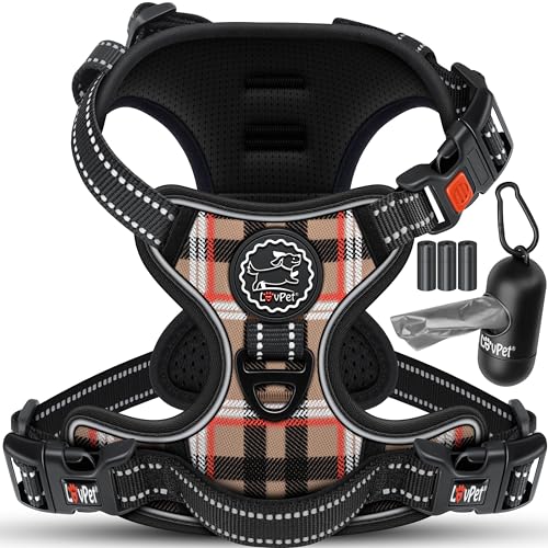 LOVPET® Hundegeschirr ohne Zug & Würgen für kleine Hunde & Welpen atmungsaktiv & weich Brustgeschirr reflektierend | No-Pull-Geschirr inkl.Beutelrollen | Verstellbares Geschirr mit Griff Beige - L