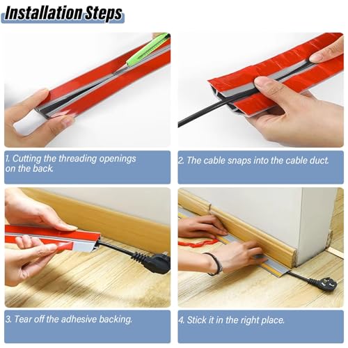 Canaleta para cables de PVC flexible autoadhesiva, protector de cables para pisos y paredes, forma semicircular, para ocultar cables de TV, computadora y alimentación (Gris, 1 m) miniatura 6