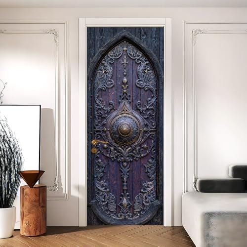 Image of Gothic Cathedral Purple Wood Iron Scroll Door Mural 30.31x78.74in