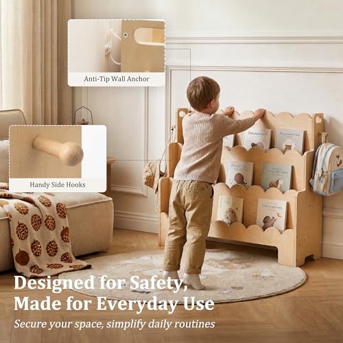 Image of Scalloped Kids Bookshelf, 3-Tier Wooden Bookshelf for Kids' Room, Toddler Book Organizer and Montessori-Style Bookcase Display Shelf for Nursery, Bedroom, Playroom and Reading Corner