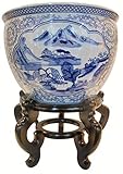Oriental Furnishings Blue and White Porcelain Garden Pots Painted Landscape (10