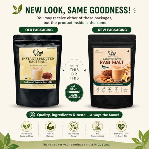 Image of GudVow Instant Sprouted Ragi Malt 450g | Nutritious & Delicious Instant Drink Mix | Natural, No Preservatives | High Calcium & Iron | Ready in 2 Minutes, No Added Sugar | Healthy Millet Drink