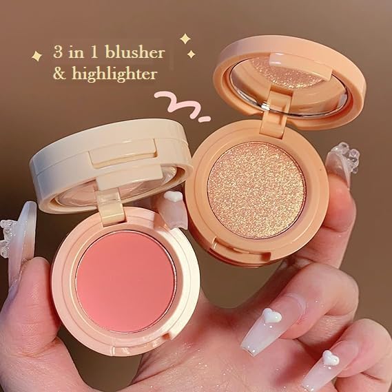 Image of Blush and Highlighter Palette, 3 Shades, Shimmer Finish, Peach and Gold Tones, Compact Design