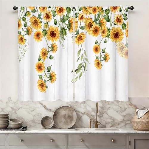 Famiffty Sunflower Country Kitchen Curtains Rod Pocket Rustic Yellow Floral Farmhouse Small Cafe Tier Curtains Vintage Wood Barn Retro Window Treatment Drapes Home Decor(27.5W X 39L Inch 2 Panels) by Famiffty - Used condition - US$15.56