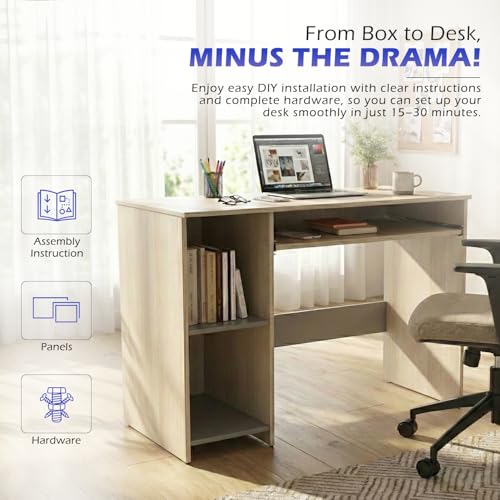 Image of 104x50x75CM Engineered Wood Study Table with Keyboard Tray & 2 Open Storage Shelves for Home, Office | Moisture Proof Computer, Laptop Table | 1 Year Warranty- Acacia Light with Grey
