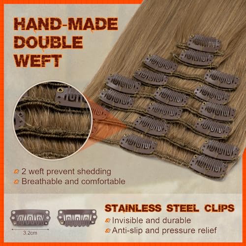 Image of Benehair Clip in Hair Extensions Real Human Hair, Brown Hair Extensions Clip in Human Hair for Women, Long Straight, Remy Natural, Full Head 8pcs 18inch #02 Dark Brown