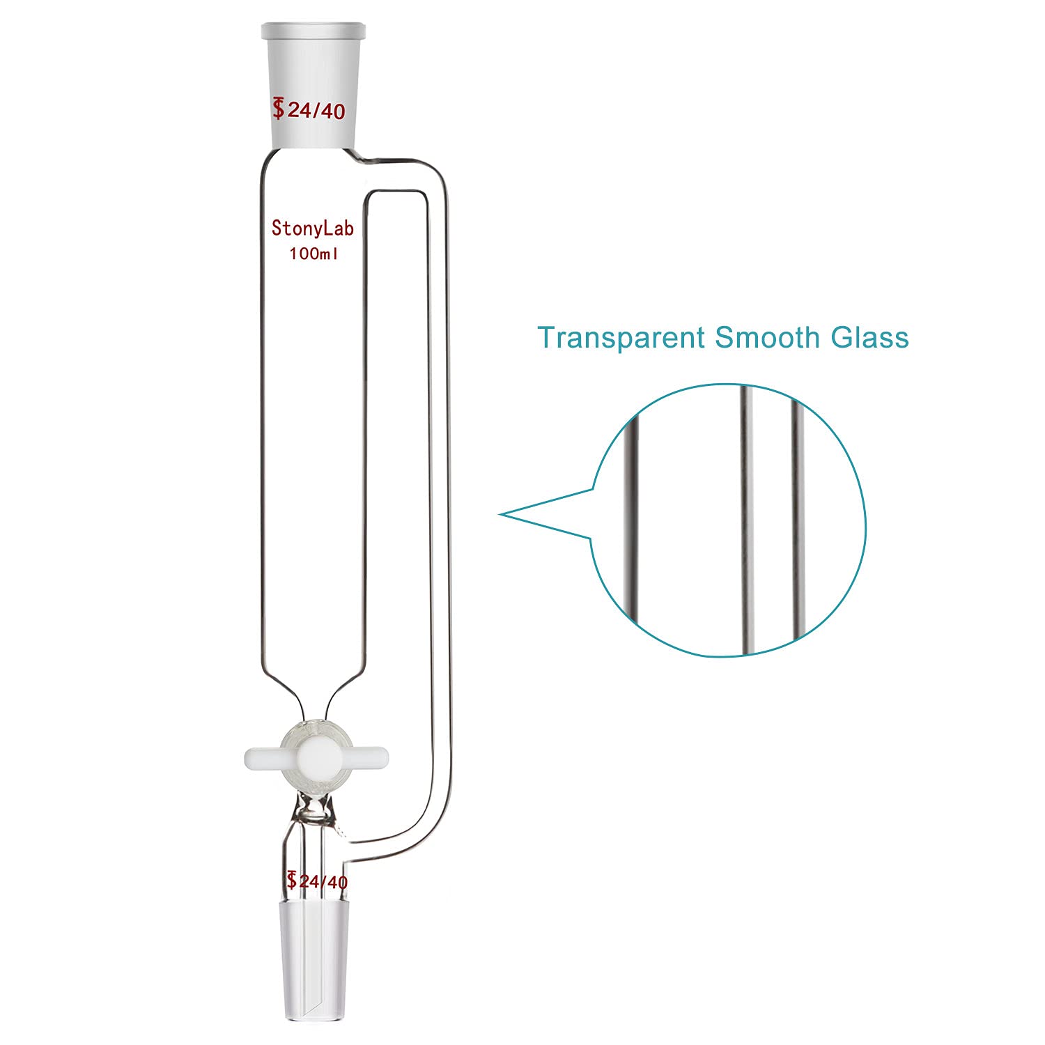 stonylab 100ml Embudo de Ecualizador, Embudo de Adición Ecualizador a Presión, Vidrio de Borosilicato Embudo de Goteo con Tapón PTFE para Laboratorio (100ml, 24/40 Junta)