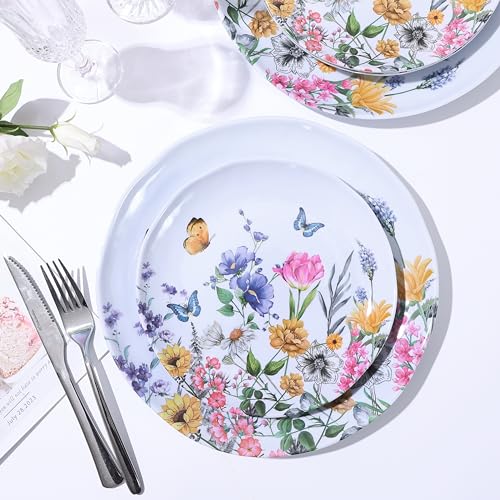 12 Piece Melamine Dinnerware Sets - Plates And Bowls Sets Floral Dinnerware Sets- Spring Camping Dishs Indoor Outdoor Use,Flowers And Butterflies Pattern - Image 4