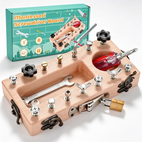 WoodTrove Montessori Screwdriver Board Set with Lock and Key Montessori Toys for 3 4 5 Year Old Wooden Screw Driver Activities Tools Fine Motor Skills Preschool Learning Sensory Toy