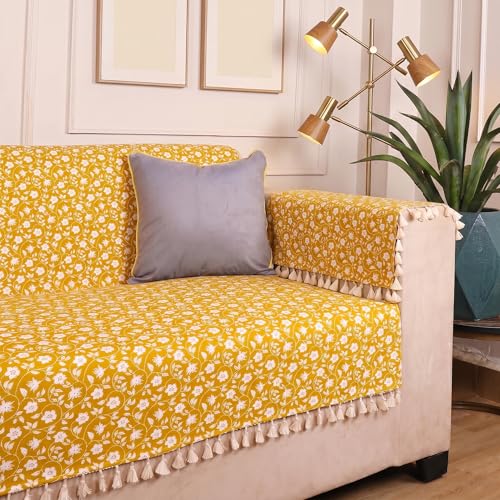 Image of ishro home Premium Sofa Cover 2 Seater Protecter with 2 Handle Covers - Soft European Standard Fabric, Frill Design, Machine Washable | (Yellow Floral, 2 Seater)