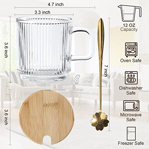 12 Oz Glass Coffee Mugs 2 Pcs Clear Coffee Mug With Handle Stereoscopic Stripes Coffee Mug Set With Spoons And Lid Coffee Mug For Latte, Cappuccino, Hot Chocolate, Tea And Juice (12 Oz, Transparent) #TOP4