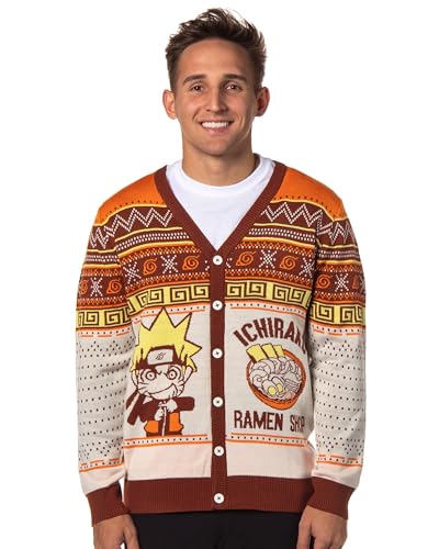 Naruto Shippuden Men's Ichiraku Ramen Shop Ugly Christmas Sweater Button-Up Knit Cardigan