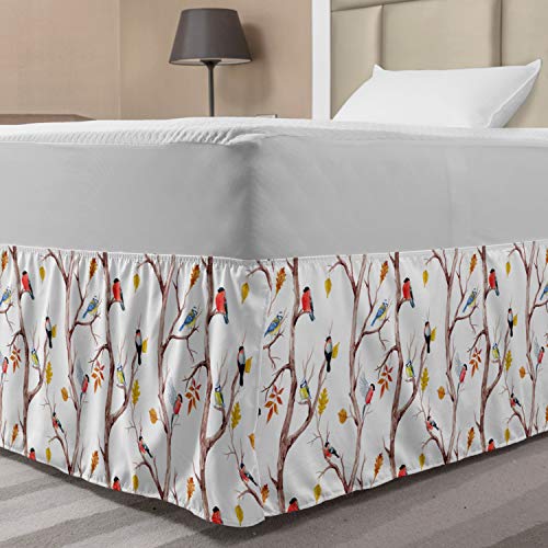 Ambesonne Autumn Bedskirt, Watercolor Birds on a Tree with Yellow Leaves During Fall Season, Bedroom Decor Wrap Around Elastic Bed Skirt Gathered Design, Twin/Twin XL, Dark Peach and Multicolor