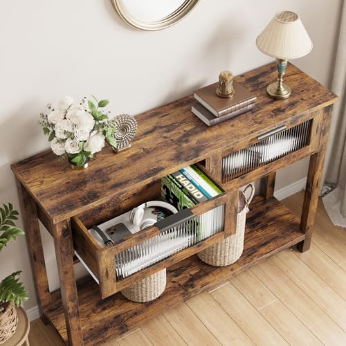 GAOMON Entryway Table, Wood Console Table with 2 Glass Drawers, 2 Tier Sofa Table with Storage for Living Room, Foyer Tables for Entryway-Vintage